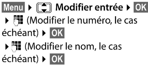 Menu ▶ Modifier entrée ▶ OK ▶ (Modifier le numéro, le cas échéant) ▶ OK ▶ (Modifier le nom, le cas échéant) ▶ OK