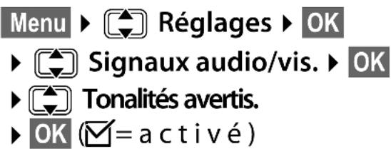 Menu ▶ Réglages ▶ OK ▶ Signaux audio/vis. ▶ OK ▶ Tonalités avertis. ▶ OK (☑ = a c t i v é)