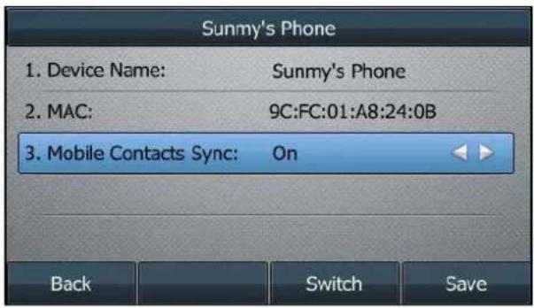 Yealink SIP-T46G - Select On from the Mobile Contacts Sync field. - 1