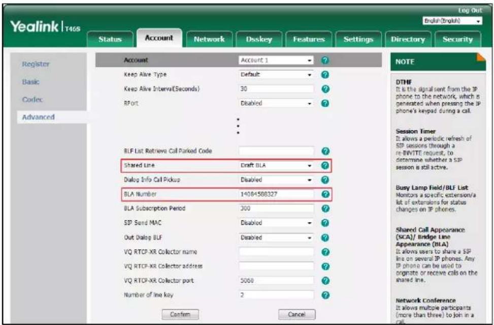 Yealink SIP-T46G - Enter the desired number in the BLA Number field. - 1