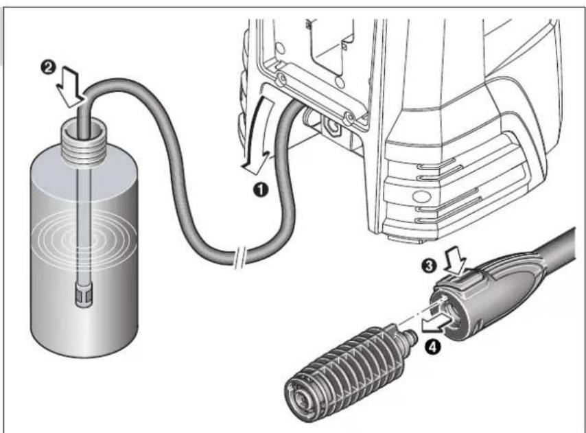 Technical diagram showing a mechanical assembly with labeled parts including a cylinder, hose, and plug.