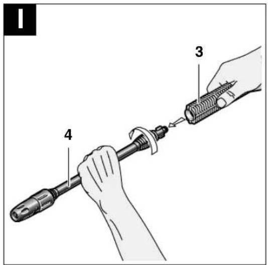 Diagram showing a hand holding a tool with labeled parts 3, 4, and a spring-like device