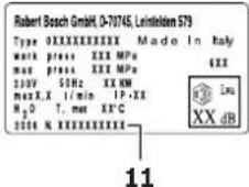 Robert Bosch GmbH, D-70745, Linmäden S79 Type 0XXXXXXXXXX Made in Italy work press XXX MPa 4XX max press XXX MPa 230V 5GH2 XX KM max X.X 1/min IP-XX H2O T. max XC 2006 M.XXXXXXXXXX 11 Liu XX dB