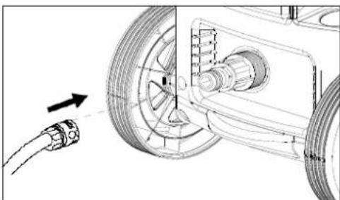 Technical line drawing of a car wheel assembly with a cable inserted, showing mechanical components and motion direction (no text or symbols)