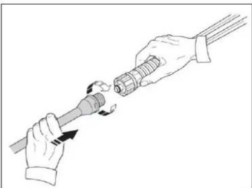 Illustration of hands connecting a cable to a plug, showing mechanical assembly (no text or symbols).