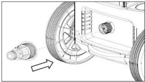 Technical line drawing of a vehicle wheel assembly with a component inserted, showing no text or symbols.