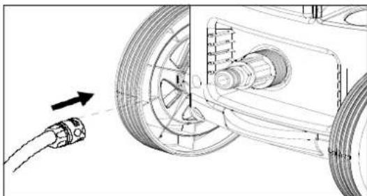 Technical diagram of a car wheel assembly with a cable connector, showing mechanical components and motion direction (no text or labels).