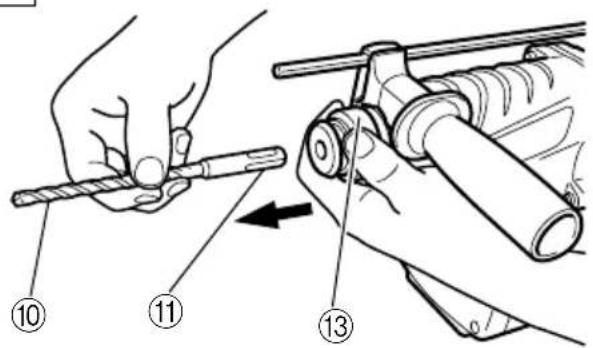 Technical diagram showing hands operating a tool with numbered parts and directional arrow indicating movement