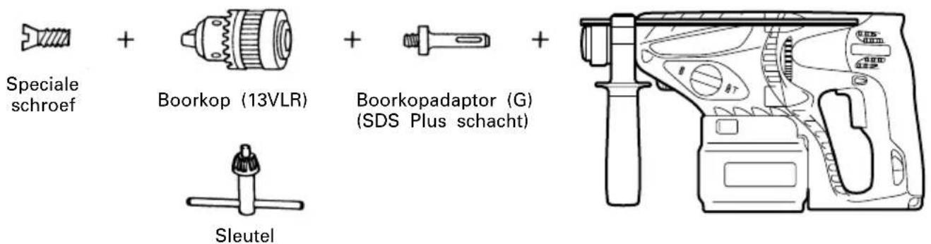 Speciale schroef + Boorkop (13VLR) + Boorkopadaptor (G) (SDS Plus schacht) Sleutel