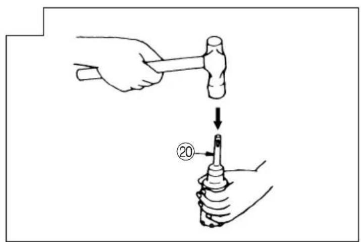 Diagram showing a hand using a hammer to press a tool, with a numbered step labeled '20' indicating the process.