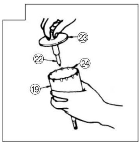 Diagram showing a hand holding a small object with numbered parts labeled 19, 22, 23, and 24.
