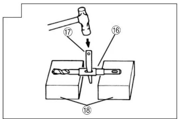 Technical diagram showing a hammer tool interacting with a drill bit, labeled with parts 16 and 17, and 18.