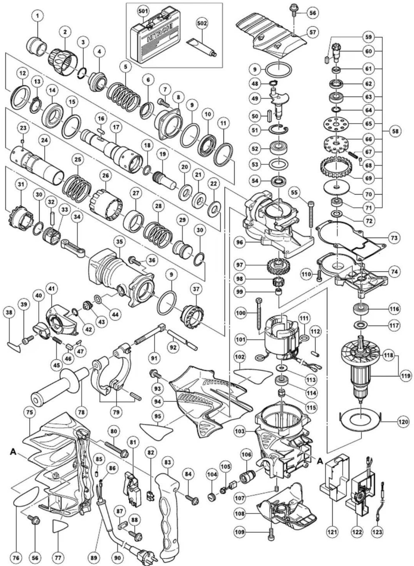 Exploded view diagram of a mechanical assembly with numbered parts and component labels