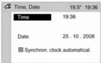Time, Date 19.5° 19:36 Time 19:36 Date 25.10.2008 ☒ Synchron. clock automatical.