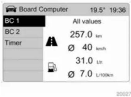 Board Computer 19.5° 19:36 BC 1 BC 2 Timer All values 257.0 km Ø 40 km/h 31.0 Ltr. Ø 7.0 L/100km 20027