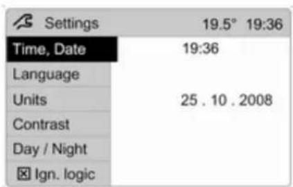 Settings 19.5° 19:36 Time, Date 19:36 Language Units 25 . 10 . 2008 Contrast Day / Night Ign. logic