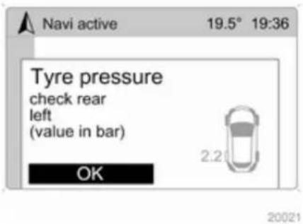 Navi active 19.5° 19:36 Tyre pressure check rear left (value in bar) OK 2.21 20021