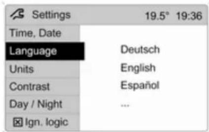 Settings 19.5° 19:36 Time, Date Language Deutsch Units English Contrast Español Day / Night ... Ign. logic ...