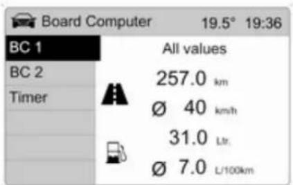 Board Computer 19.5° 19:36 BC 1 All values BC 2 257.0 km Timer Ø 40 km/h 31.0 Ltr. Ø 7.0 L/100km