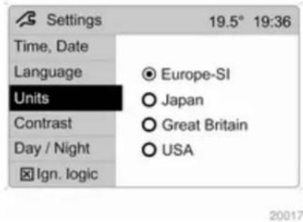 Settings 19.5° 19:36 Time, Date Language Units Contrast Day / Night Ign. logic Europe-SI Japan Great Britain USA 20017