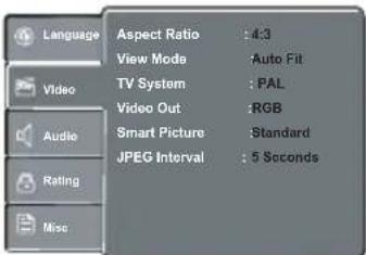 Language Aspect Ratio : 4:3 View Mode : Auto Fit TV System : PAL Video Out : RGB Audio : Smart Picture : Standard Rating : JPEG Interval : 5 Seconds Misc