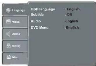 Language Video Audio Rating Mise OSD language : English Subtitle : Off Audio : English DVD Menu : English