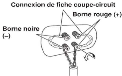 Connexion de fiche coupe-circuit Borne rouge (+) Borne noire (-)