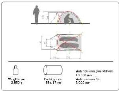Weight max: 2.850 g Packing size: 55 x 17 cm Water column groundsheet: 10.000 mm Water column fly: 3.000 mm
