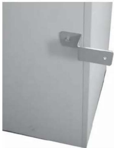 Exterior view of a gray metal door with a handle (no text or symbols visible)