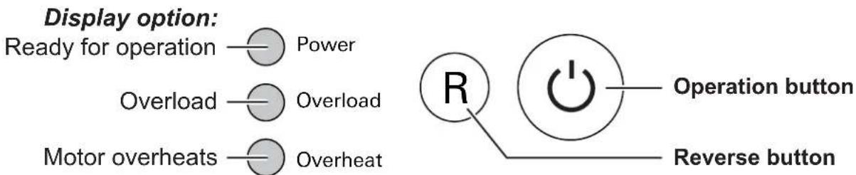 Display option: Ready for operation — Power Overload — Overload Motor overheats — Overheat Operation button Reverse button