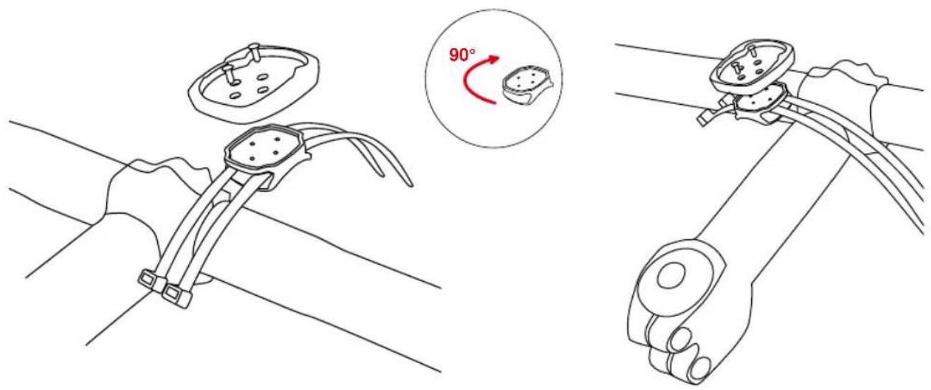 Technical diagram showing mechanical assembly steps with 90° rotation indicator and component placement