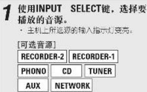 1 使用INPUT SELECT键，选择要播放的音源。 • 主机上所选源的输入指示灯变亮。 [可选音源] RECORDER-2 RECORDER-1 PHONO CD TUNER AUX NETWORK