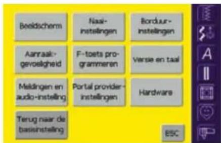 Beeldischemi Naai-instelingen Borduur-instelingen Aanraak-gevoelgheld F-toets programmeren Versie en taal Meldingen en audio-instelling Portal provider-instelingen Hardware Terug naar de basisinstelling ESC