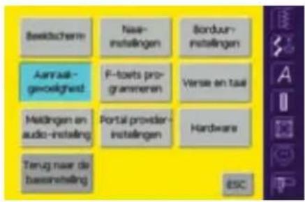 Beektbechem Naa-instellingen Borduur-instellingen Aanvaat- gewelghed F-toets pro- grammeren Verse en taal Meldingen en audio-instelling Portal provider- instellingen Hardware Terug naar de baserreihing ESC