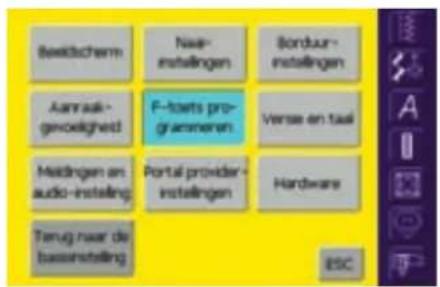 Beeldscherm Naa-instellingen Bonduur-instellingen Aanraak-gewelighed F-toets programeren Versse en taal Maldingen an audio-instelling Portal provider-instellingen Hardware Tenug naar de basseinstelling ESC