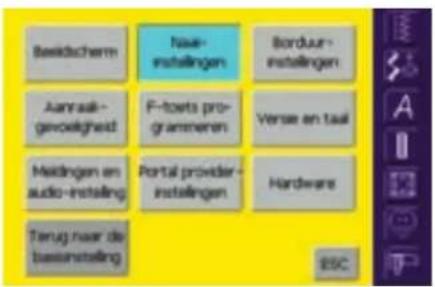 Beeldscherm Nave-instellingen Borduur-instellingen Aanraak-gevoelghed F-toets programmeren Versse en taal Mestingen en audio-instelling Portal provider-instellingen Hardware Terug naar de basiinstelling ESC