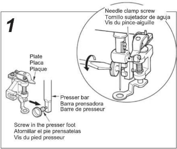 1 Plate Placa Plaque Screw in the presser foot Atornillar el pie prensatelas Vis du pied presseur Presser bar Barra prensadora Barre de presseur Needle clamp screw Tornillo sujetador de aguja Vis du pince-alguille