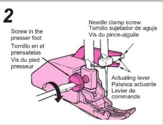 2 Screw in the presser foot Tornillo en el prensatelas Vis du pied presseur Needle clamp screw Tornillo sujetador de aguja Vis du pince-aigulle Actuating lever Palanca actuante Levier de commande