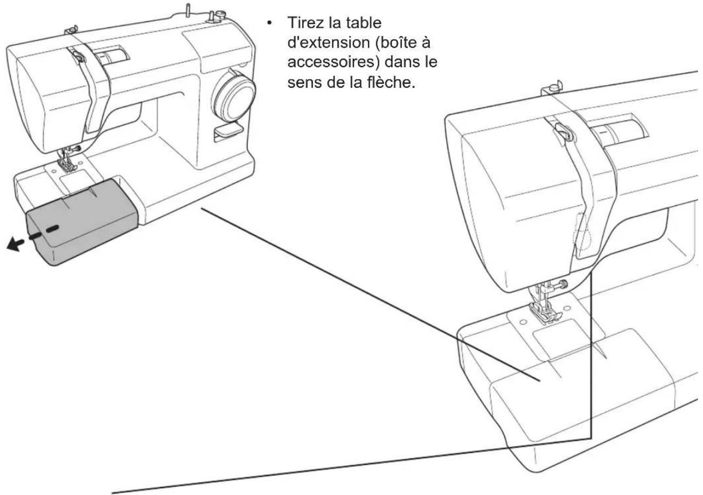 • Tirez la table d'extension (boîte à accessoires) dans le sens de la flèche.