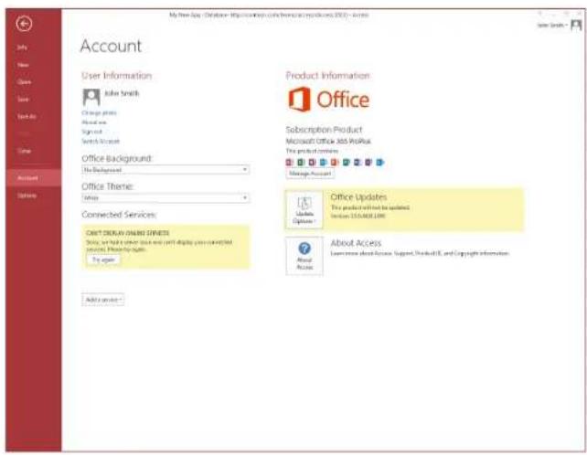 MICROSOFT Access 2013 - What can I find on the Account tab? - 1