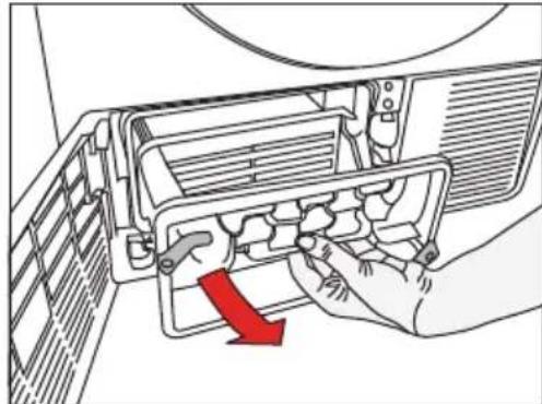 Diagram of a hand inserting a device into a rack, showing internal components and a red arrow indicating direction (no text or symbols present)