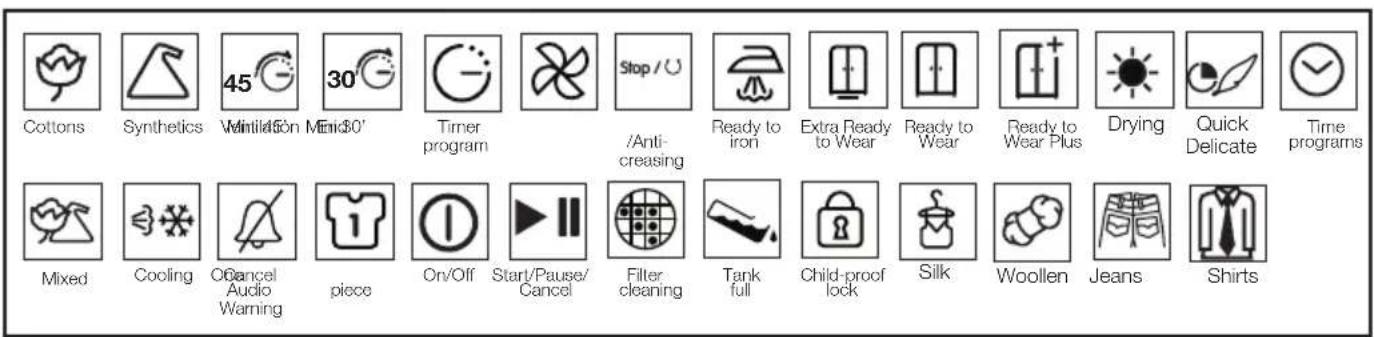 Cottons Synthetics 45 Wintils On Mend30' Timer program / Anti- creasing Ready to iron Extra Ready to Wear Ready to Wear Ready to Wear Plus Drying Quick Delicate Time programs Mixed Cooling O2ancel Audio Warning piece On/Off Start/Pause/ Cancel Filter cleaning Tank full Child-proof lock Silk Woollen…