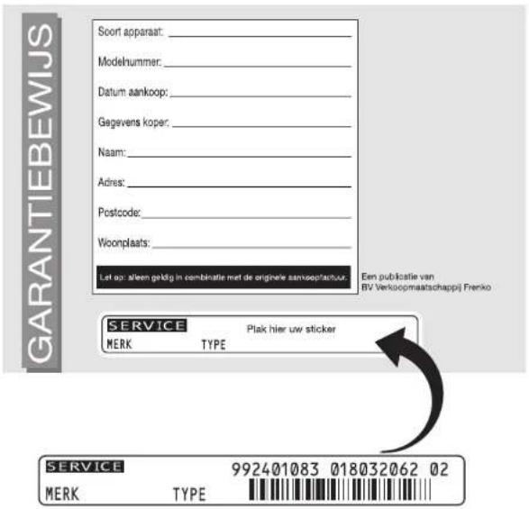 GARANTIEBEWJIS Soort apparaat: _ Modelnummer: _ Datum aankoop: _ Gegevens koper: _ Naam: _ Adres: _ Postcode: _ Woonplaats: _ Let op: alleen geldig in combinatie met de origine aanloopstuur. Een publicatie van BV Verkoopmaatschappij Frenko SERVICE Plak hier uw sticker MERK TYPE SERVICE 992401083 018032062 02 MERK TYPE