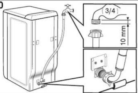 Technical diagram showing a device with tubing and a 10 mm dimension label, including an inset close-up of a pipe fitting.