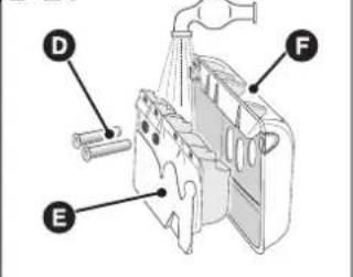 Technical diagram of a mechanical device with labeled parts D, E, and F