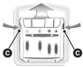 Diagram of a front-mounted device with labeled buttons and directional arrows indicating orientation or movement.