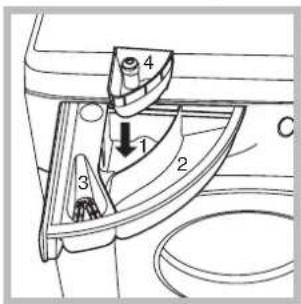 Technical diagram of a mechanical component with numbered parts and directional arrow indicating movement or assembly.
