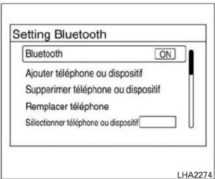 Setting Bluetooth Bluetooth ON Ajouter téléphone ou dispositif Supperimer téléphone ou dispositif Remplacer téléphone Sélectionner téléphone ou dispositif LHA2274