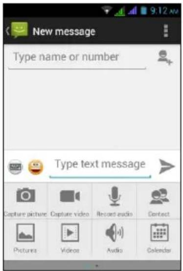 New message Type name or number Type text message Capture picture Capture video Record audio Contact Pictures Videos Audio Calendar