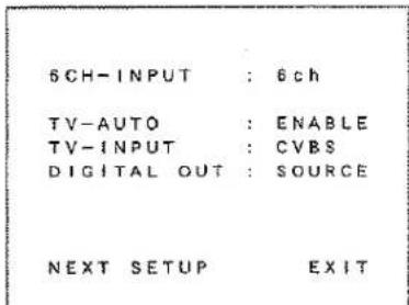 6CH-INPUT : 6ch TV-AUTO : ENABLE TV-INPUT : CVBS DIGITAL OUT : SOURCE NEXT SETUP EXIT